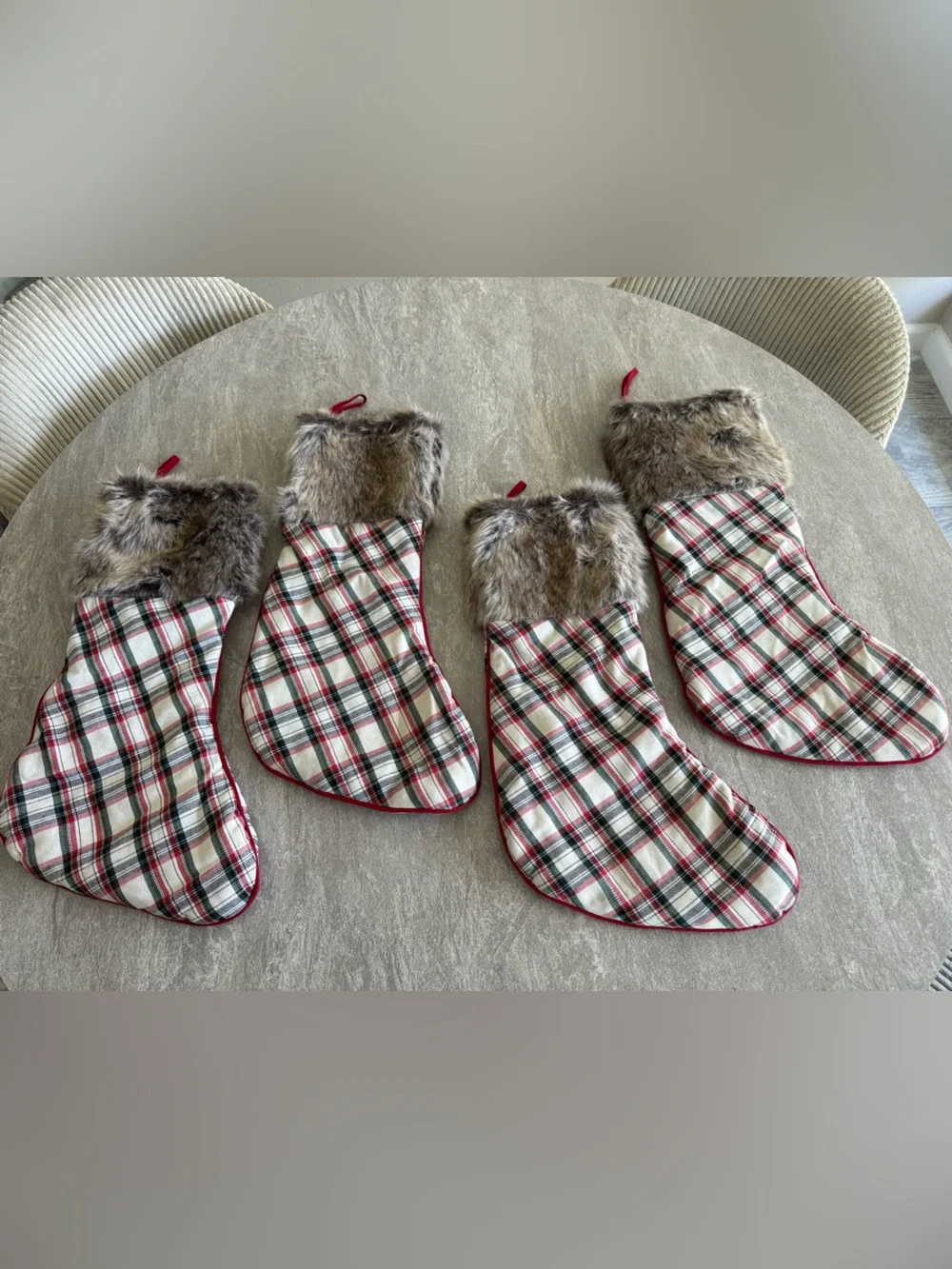 Plaid Holiday Stockings with Faux Fur Cuff - Red White Green (Set of 4)